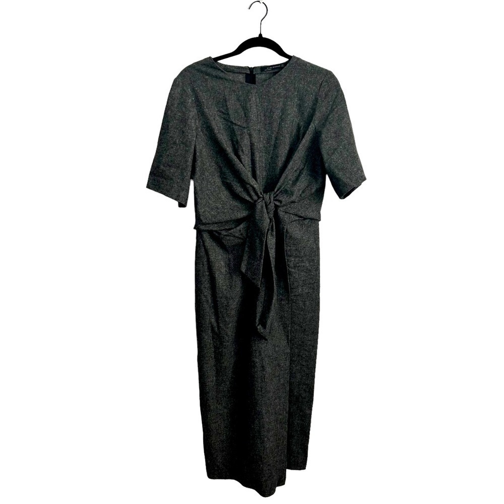 Zara Dark Gray Wool-Blend Short Sleeve Front Knotted Midi Dress